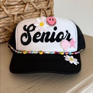 Senior Snapback Hat w/ decorated pins, patches & smiley chain